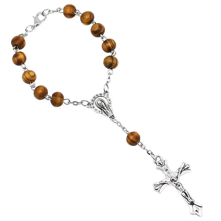 Braccialetto rosario cattolico con croce di perline di legno bracciale con ciondolo lungo religioso con nappe