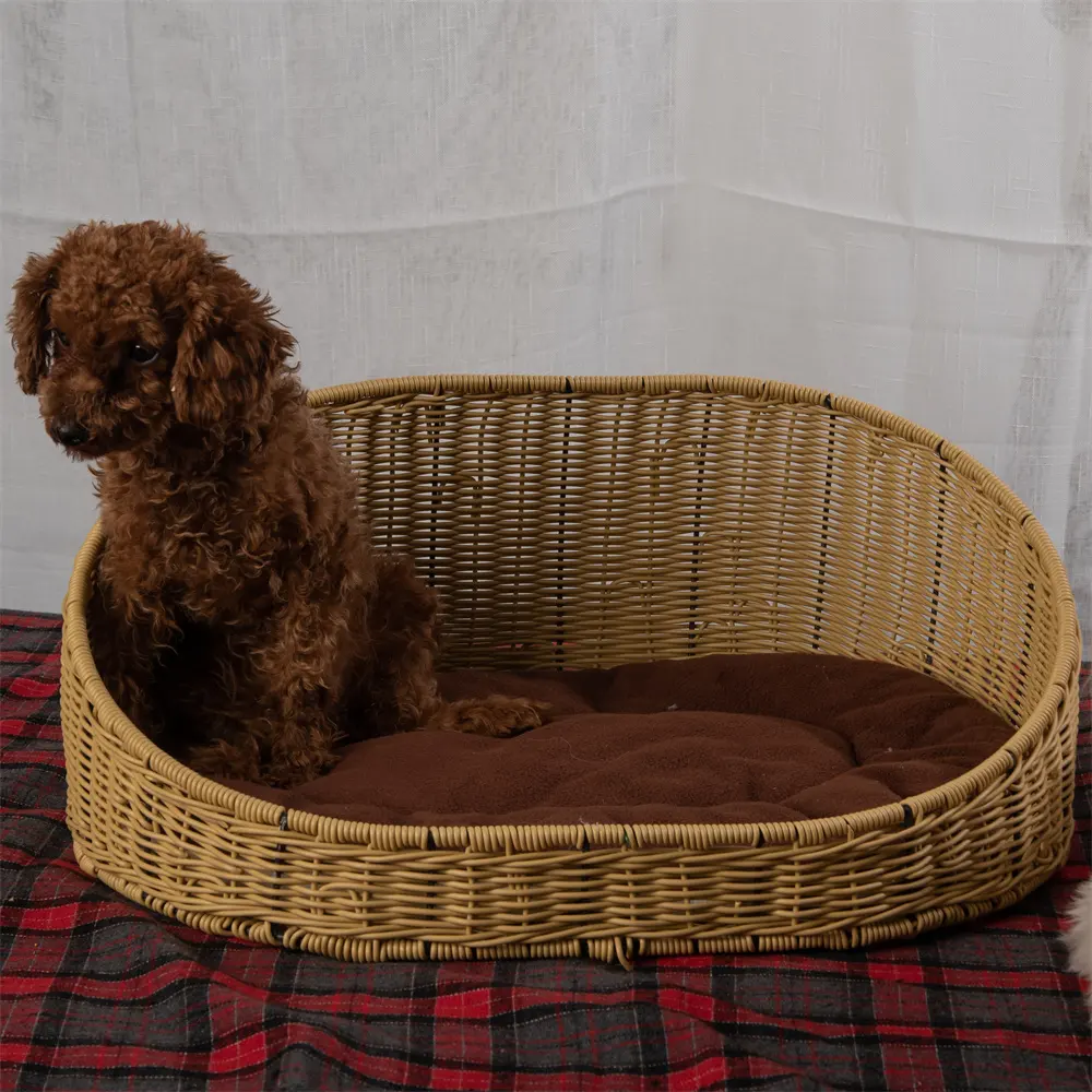 XHサマークーリングオーバルPP籐手織りポリエステル繊維取り外し可能カバーダークグレーブラウン犬猫ベッドペットケージ