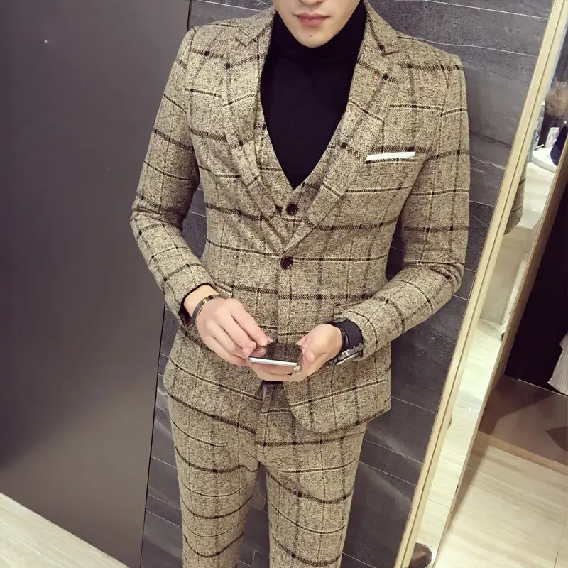 Pantalón abrigo diseño 2024 nuevo estilo traje coreano para hombres Plaid Pour Hommes Fato Social traje Vestes 3 piezas Trajes Novio