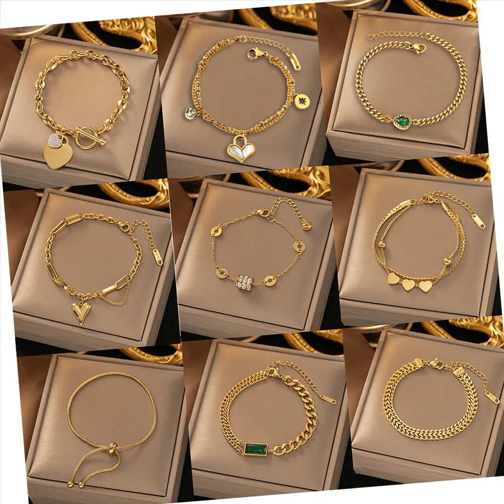 OEM Personalized Women Mens Waterproof Zirconia heart Bangles 18K Gold lated Stainless Steel Cuban Chain Bracelet for Women