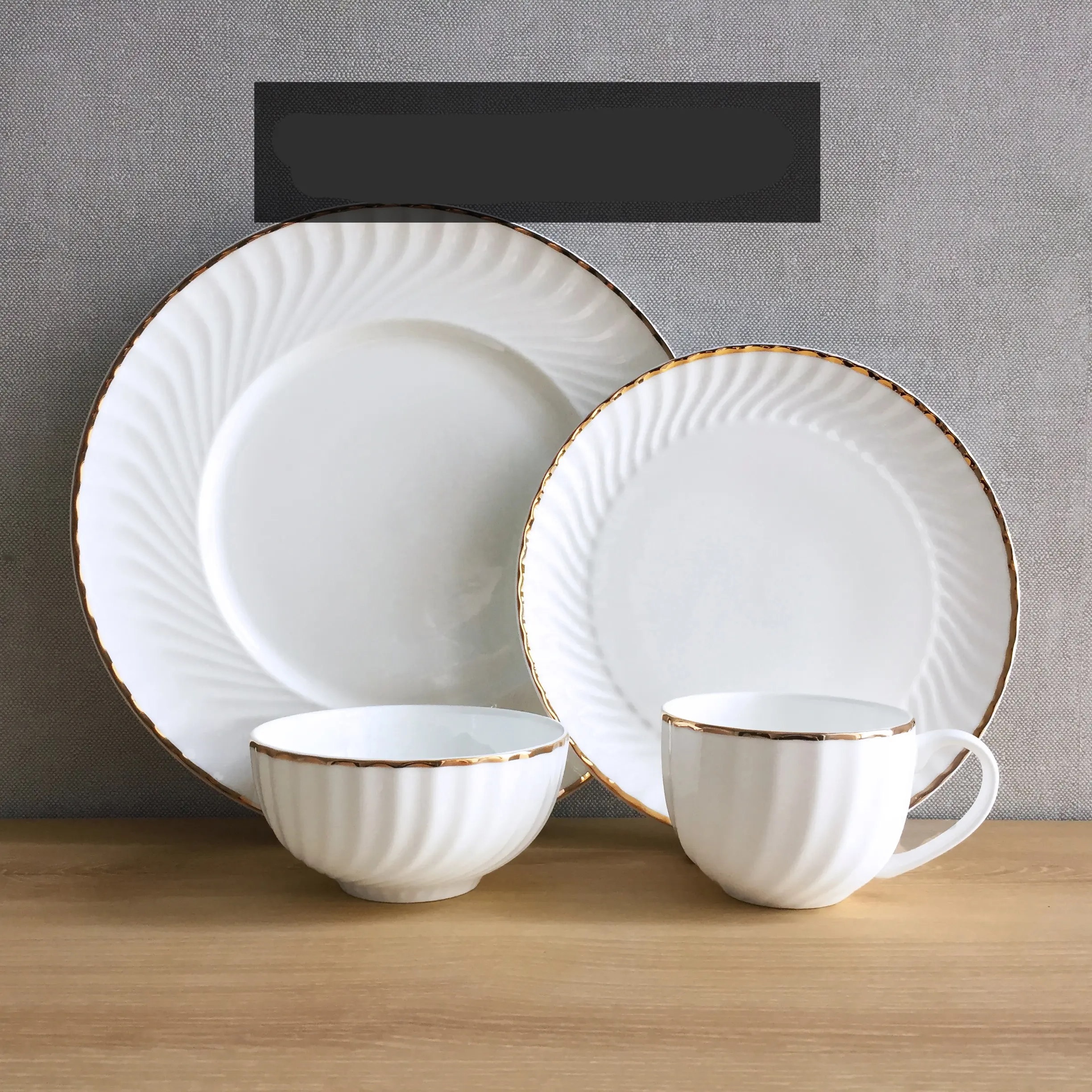 Gilt rim bone china tableware set rotating pattern embossed plate fish plate household dishes spoon coffee cup