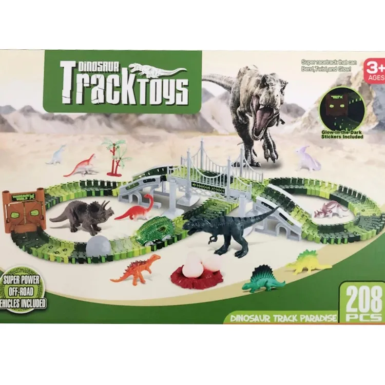 LONGXI oy فتحة سيارة سباق مجموعات مسار الديناصورات بناء اللعب مع مجموعة لعبة كهربائية سباق السكك الحديدية مسارات اللعب للأطفال