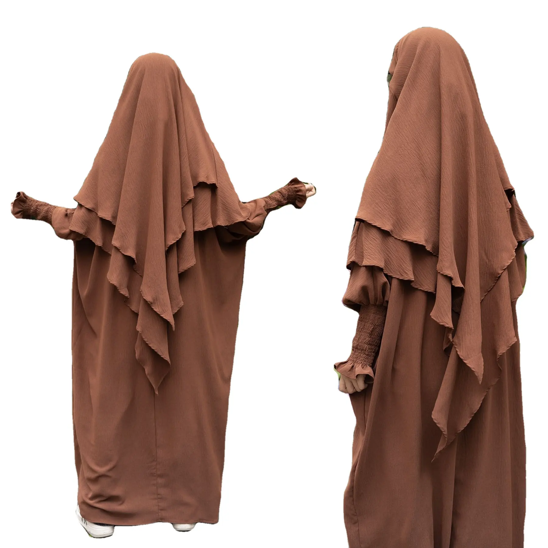 الأكثر مبيعًا من طبقتين طقم خمار لباس الجاز الكريب بدلة فاخرة إسلامية متواضعة أزياء الصلاة حجاب طويل مع عباية L0099
