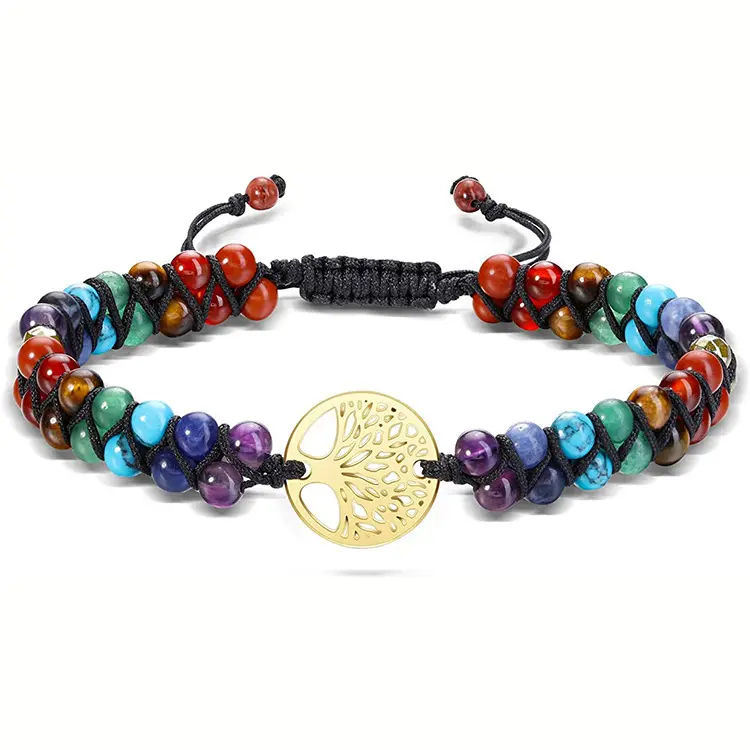 Unique design natural gemstone woven bead double layer tree of life charm braided handmade adjustable bracelet