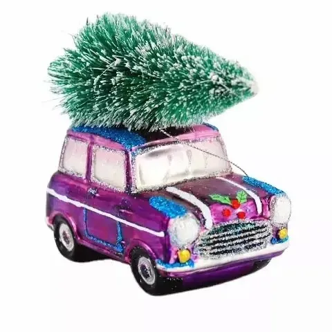 Enfeite de vidro para árvore de natal, ornamento de vidro para pendurar, mini carro real