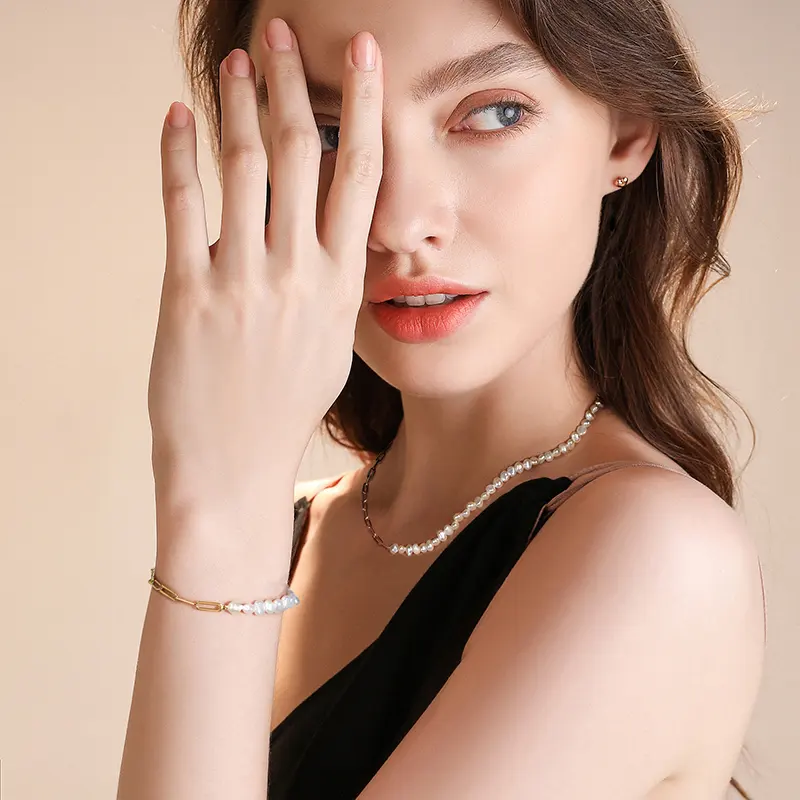 Fashion asli 14K emas Vermeil padat murni S925 perak murni kertas klip rantai air segar biji mutiara gelang kalung untuk wanita