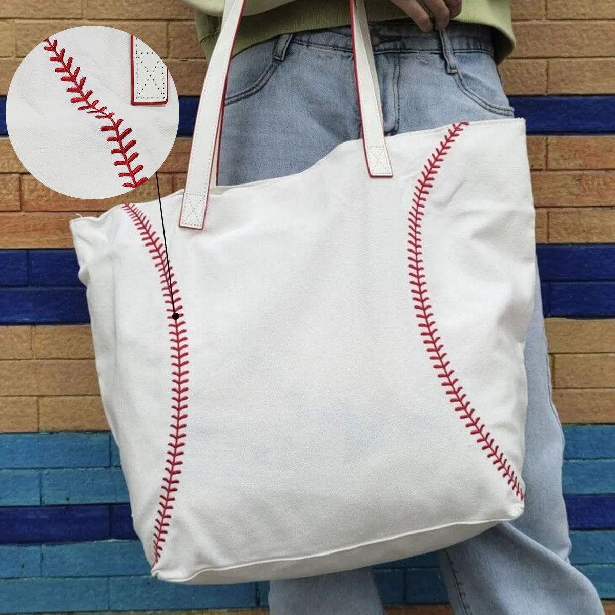 Bolso de mano de béisbol de lona personalizado al por mayor, bolso de mano de tamaño mediano para hombre, bolso informal bordado para mujer DOM1111772