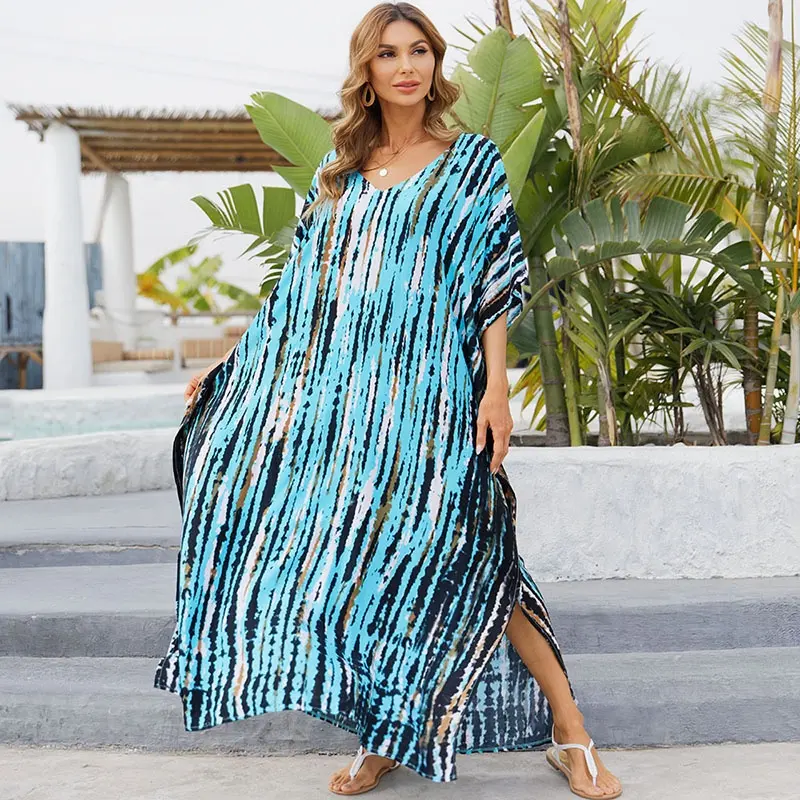 प्लस आकार महिला किमोनो कफ्तान कपड़े समुद्र तट कवर अप टाई डाई शर्ट धारीदार अंगरखा मोरक्को Caftans साटन बागे मैक्सी पोशाक