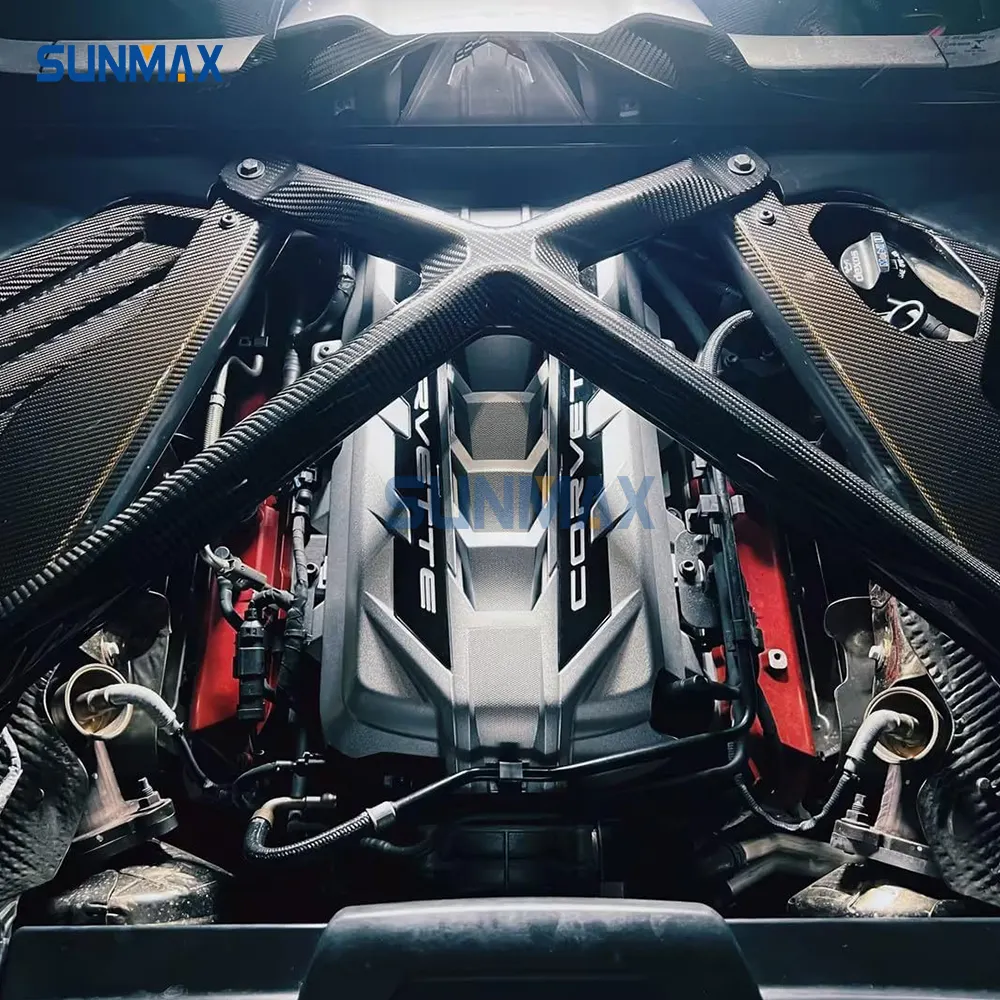 Sunmax For Corvette C8 Z51 Z06 Z07 Front Bonnet Struts X Brace Strips Engine Cover X Strut Carbon Fiber Car Body Parts