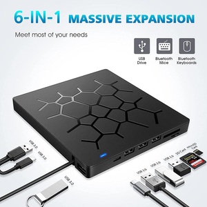 多功能外置DVD驱动器超薄便携式USB 3.0 Type-C集线器DVD-ROM刻录机CD复印机，带2USB端口SD tf卡插槽