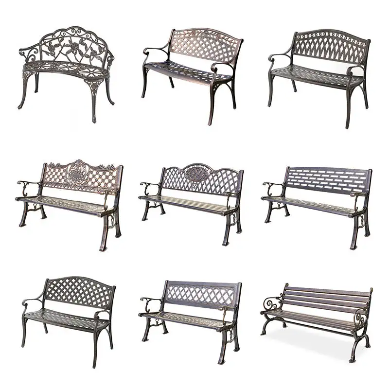 Assento de lazer de metal para mobiliário de exterior, cadeira de jardim em alumínio fundido, banco de parque para pátio com design clássico