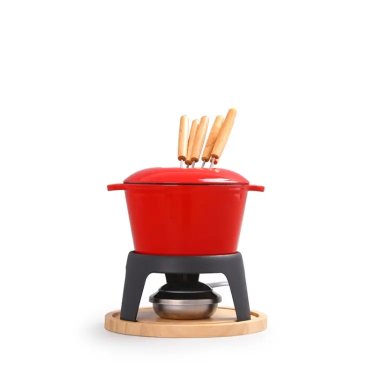 Set di pentole per fonduta di formaggio in ghisa più venduto Mini Set fonduta di smalto rosso al cioccolato da 16cm con 6 forchette e Base in legno