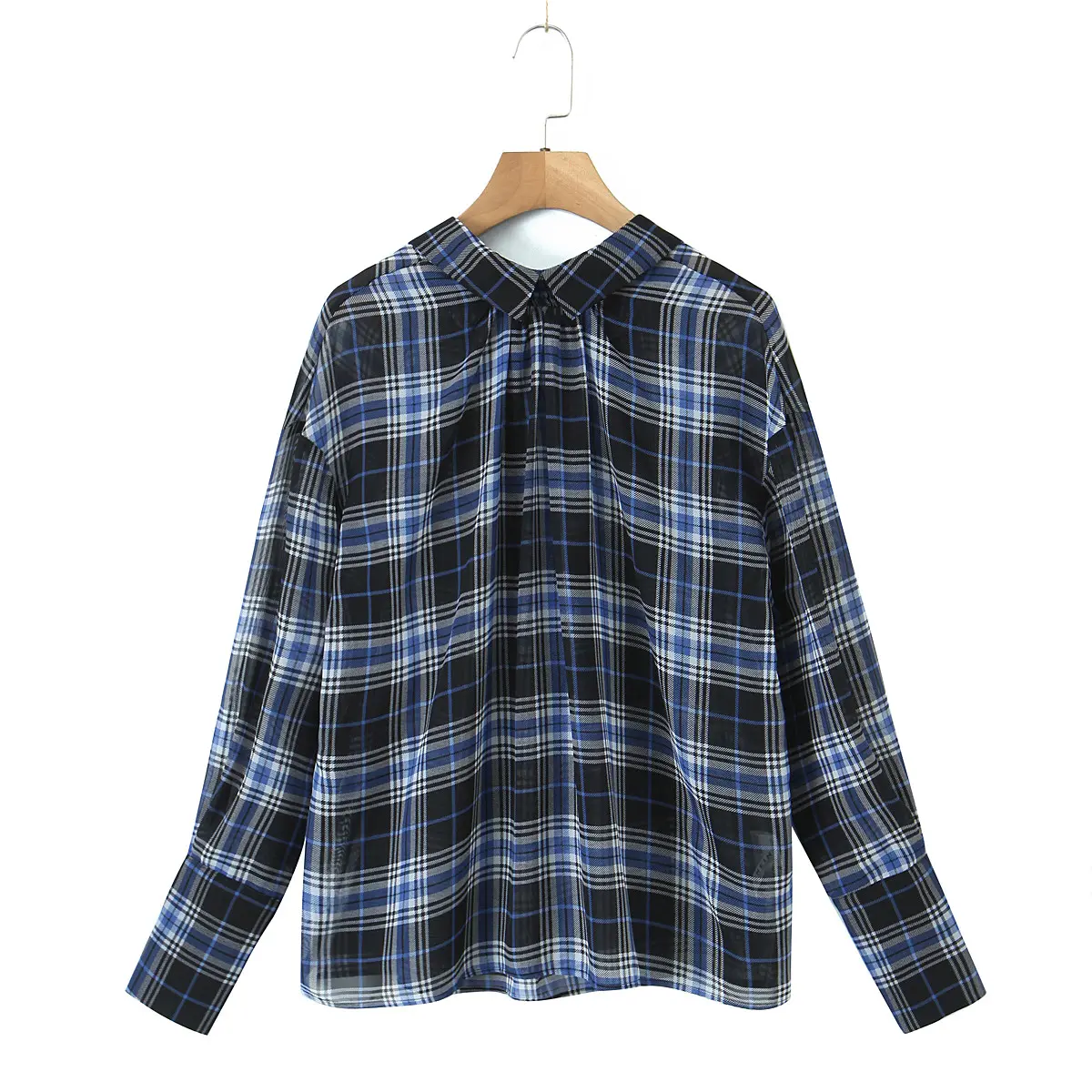 Peter pan collar black and blue color long sleeve casual women modest plaid chiffon blouse