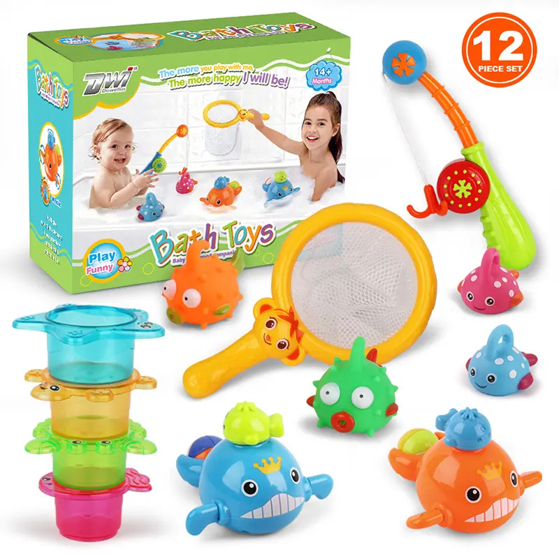 Crianças Desenvolvimento Educação Piscina Magnetic Pesca Jogos com Stacking Cup Net Wind up Game Fishing Bath Toys Set