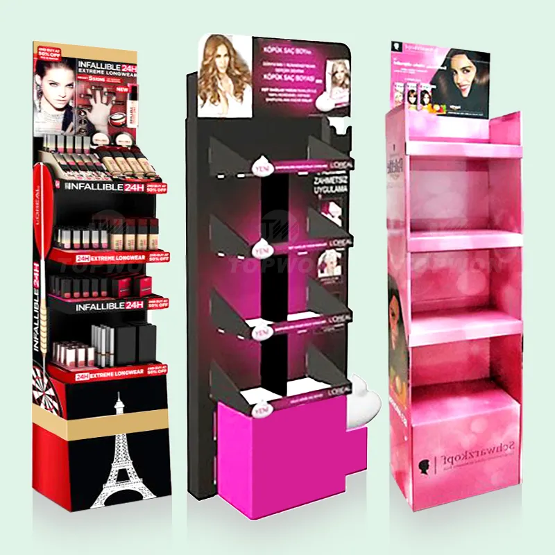 Custom Gegolfd Pop Skincare Make Wimper Lash Lippenstift Floor Cosmetische Kartonnen Display Stand Voor Cosmetica