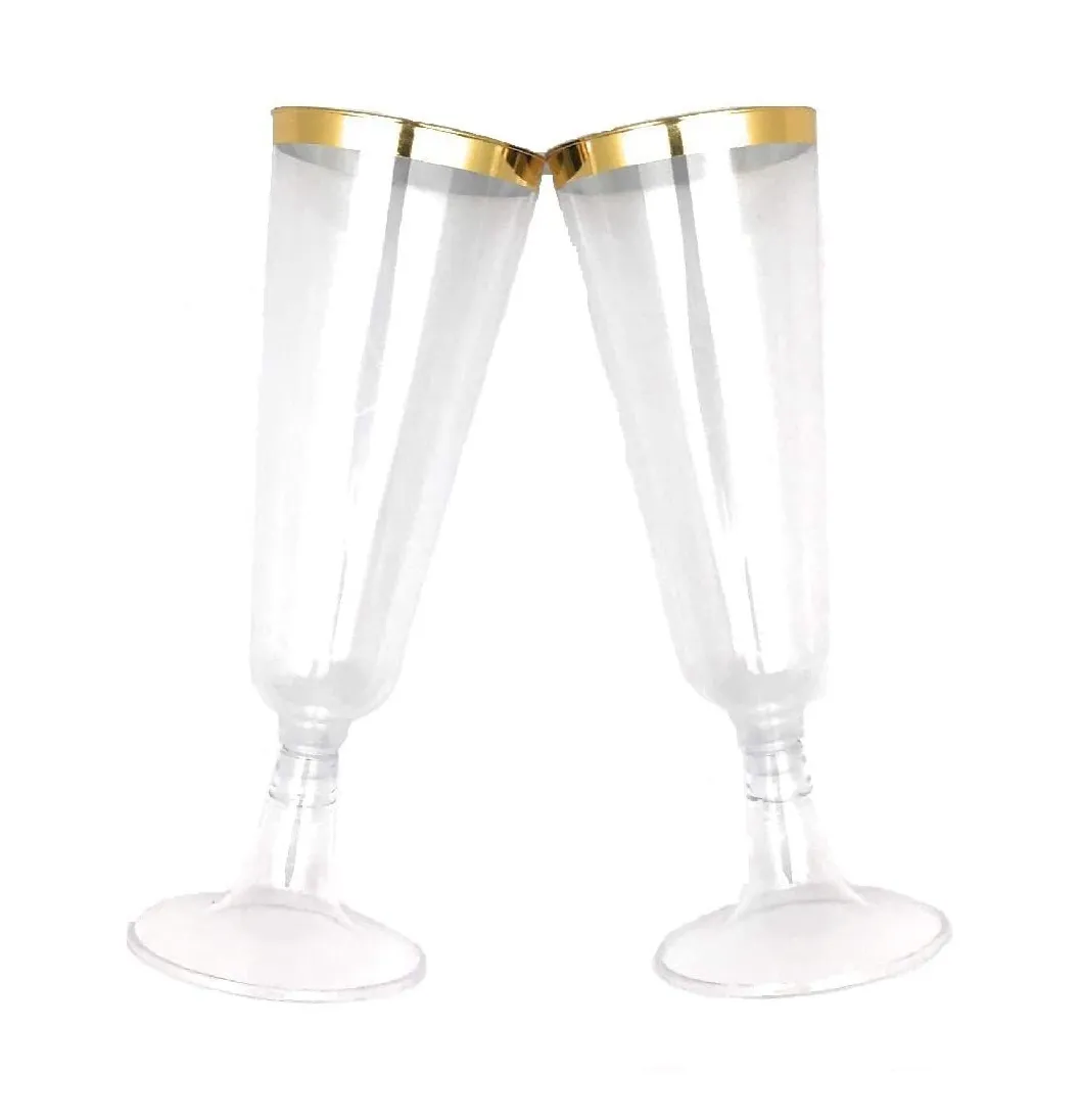 Copas de champán desechables, 5 Oz, de plástico, con borde dorado, para fiesta de boda