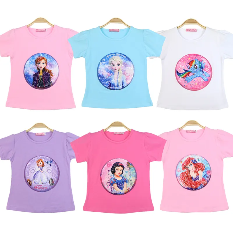 Camiseta de verano para niña, traje de manga corta con lentejuelas, ropa de Elsa, Anna, algodón, 1 pieza