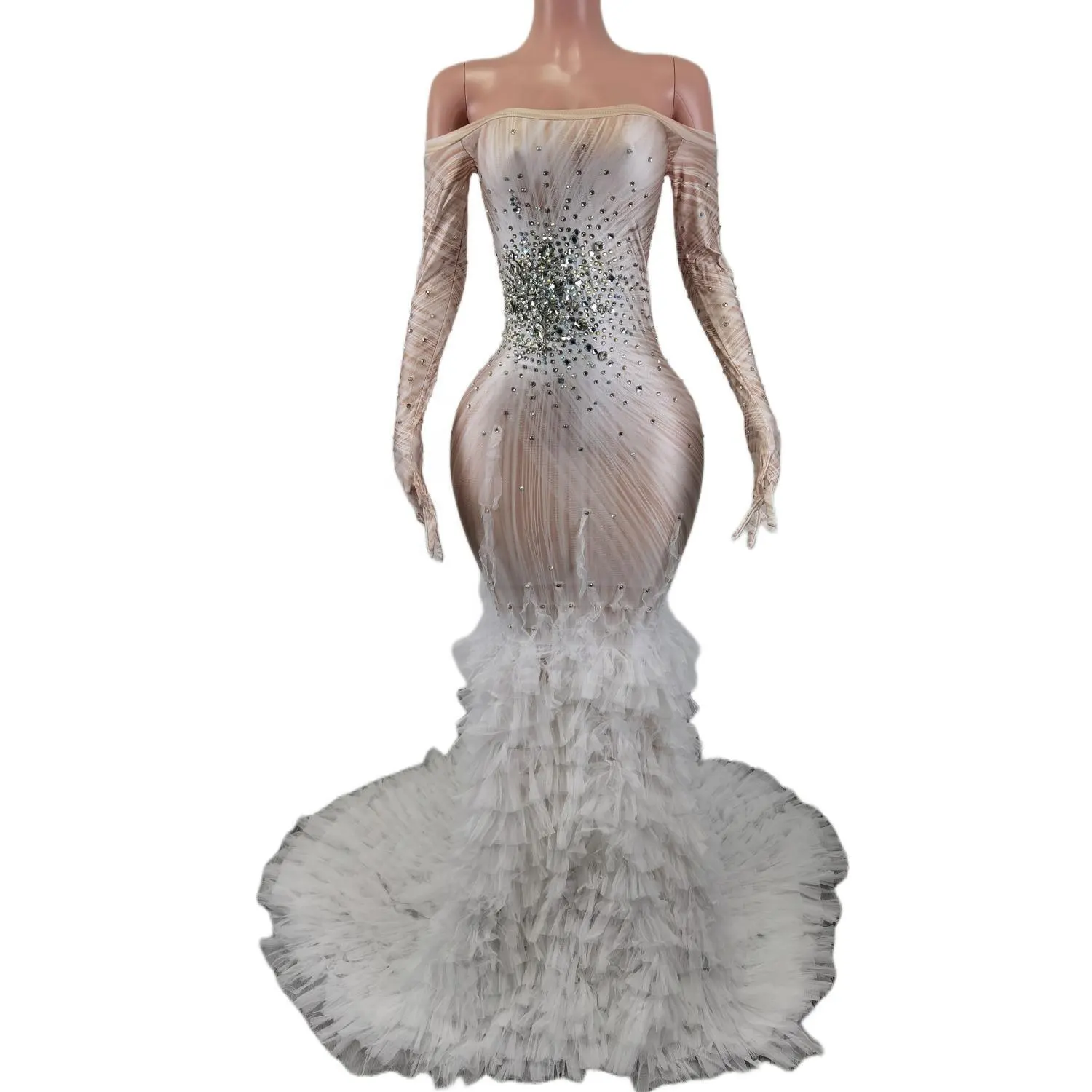 Elegant Diamond Ballชุดปิดไหล่งานแต่งงานวันเกิดชุดจัดเลี้ยงพรหมชุดผู้หญิงParty Mermaidชุดราตรี