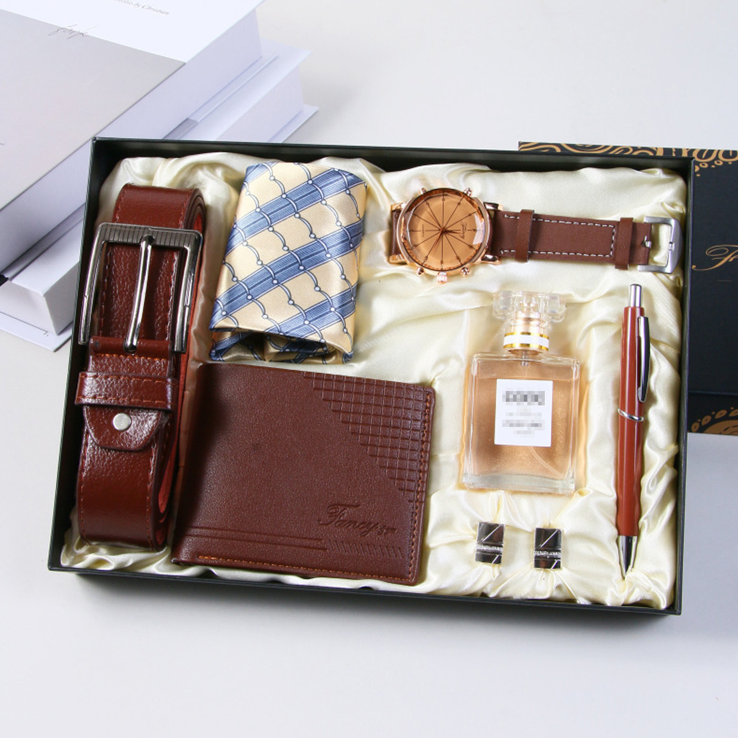 9-piece coffee set-watch-leather strap-wallet-tie-tie clip-cuffl