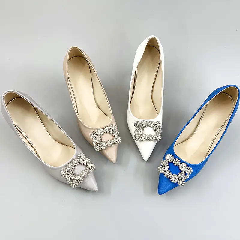 Señoras clásico brillante diamante puntiagudo Rhinestone decoración sólido vestido de novia zapatos tacones altos zapatos de novia