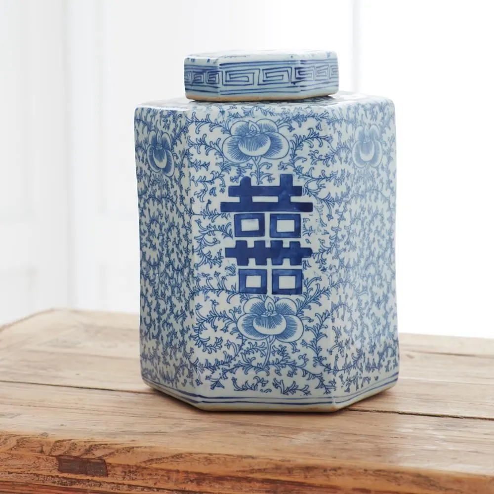 Chino vintage azul y blanco felicidad patrón florero antiguo efecto cerámica florero
