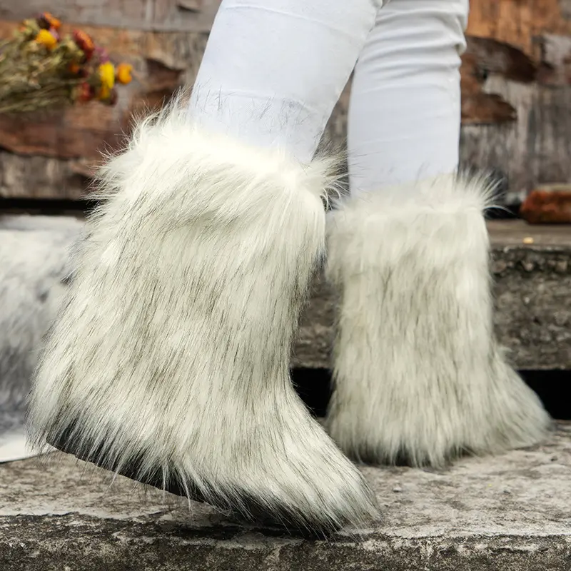 Damen fälschen außerhalb Waschbär Oberschenkel hoch volle Abdeckung Winter weißen Schnee Faux mongolischen Frauen Pelz stiefel mit Fell