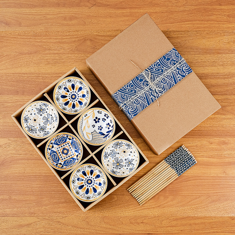 Flowers bloom and prosperity 6 bowls and 6 chopsticks