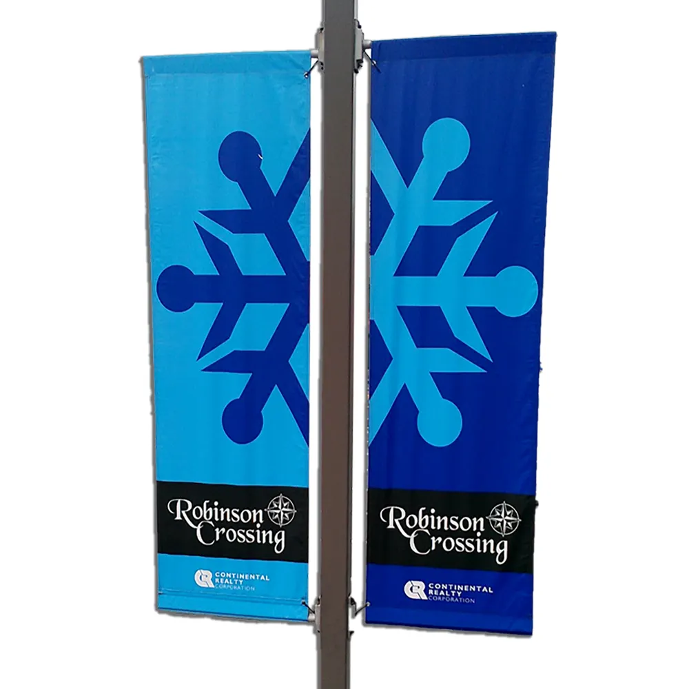Publicidade personalizada com seu próprio design de logotipo, impressão de tela em tecido de poliéster sólido e durável, bandeiras de poste de luz de rua
