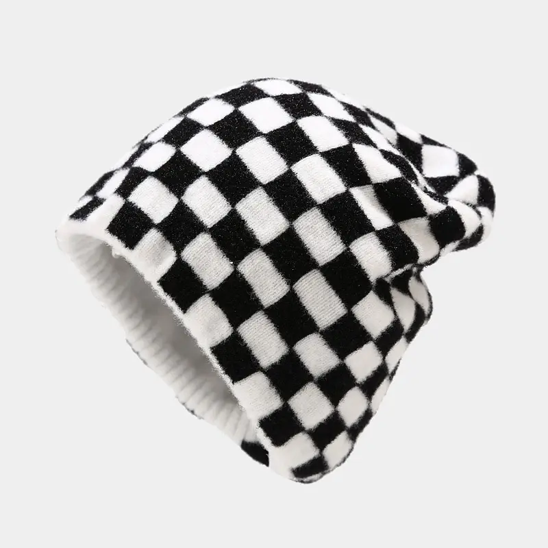Custom Women Men Winter Hats Cow Print Checkered Checkerboard Pattern Beanie Knitted Soft Warm Slouchy Skull Ski Cap
