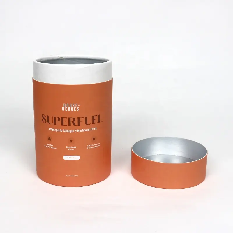 Atacado biodegradável food grade alumínio forro pó suplemento cilindro papelão papel tubo caixa com impressão