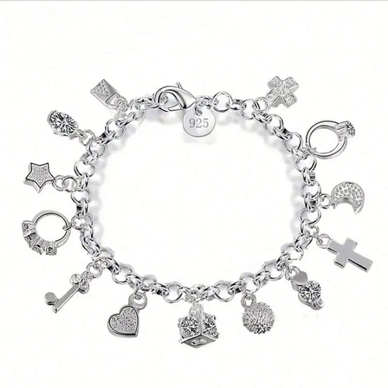Braccialetti e braccialetti placcati argento 925 antichi di moda braccialetto di perline con ciondoli a cuore per le donne
