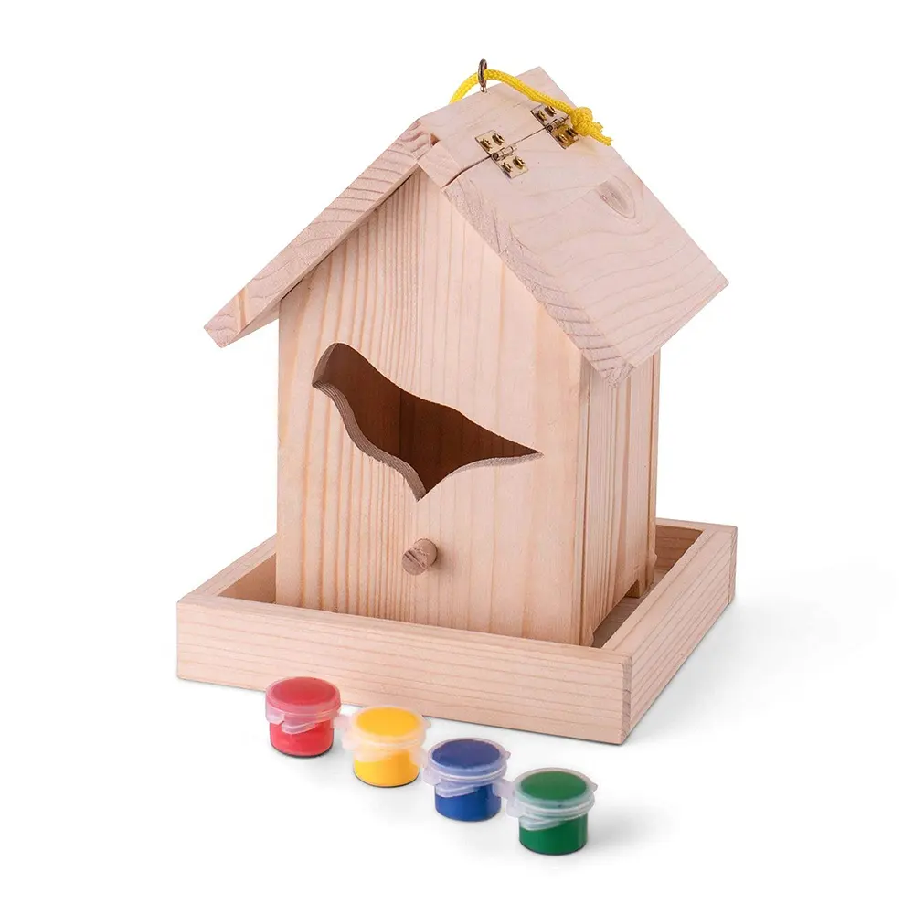 Vente en gros chaude en forme d'oiseau en plein air pour enfants à construire et à peindre bricolage paquet plat maison d'oiseau en bois pour jardin suspendu