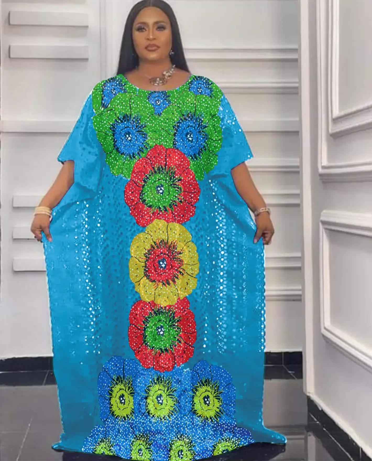 W 2023 Gaun Lengan Sedang Longgar Print Fesyen Wanita Afrika Desain Baru