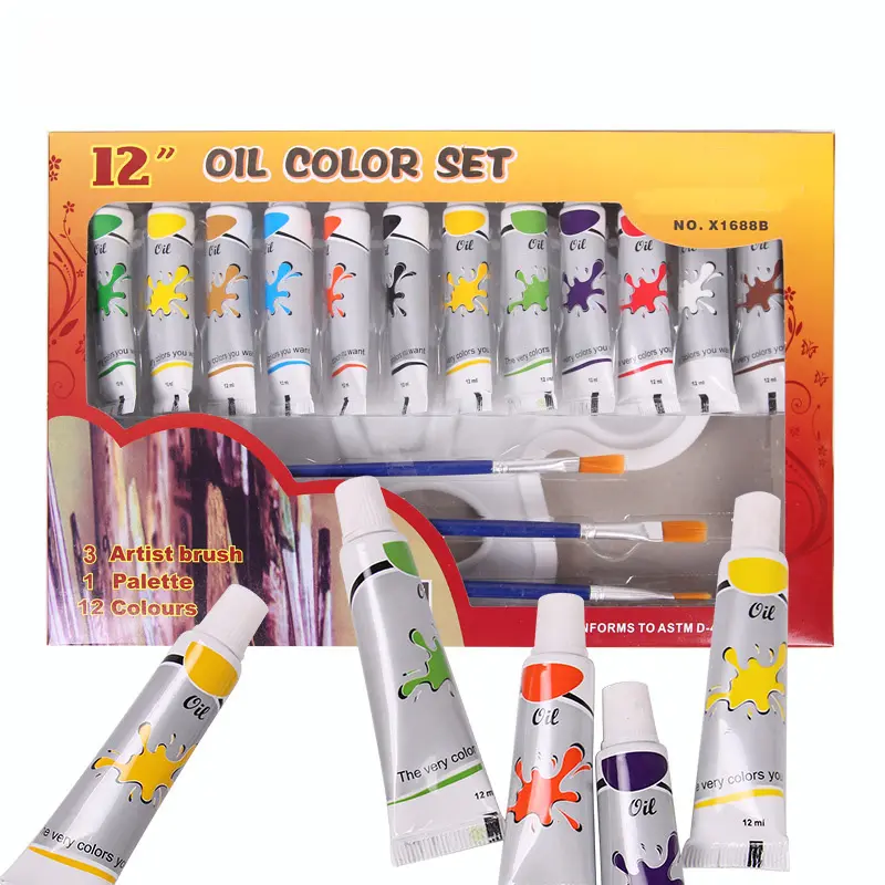 Juego de pintura al óleo con tubos de aluminio, 12 colores, para estudiantes, pintura al óleo de lona con pinceles