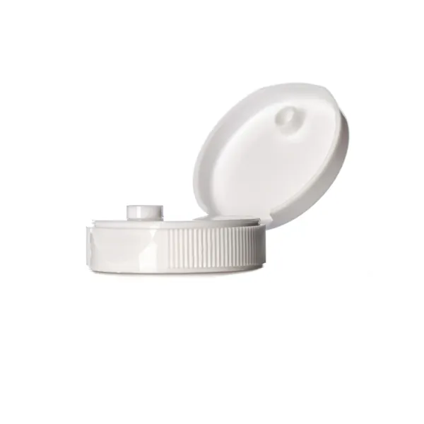 White PP 38-400 ribbed skirt hinged flip top dispensing cap with pressure sensitive (PS) liner