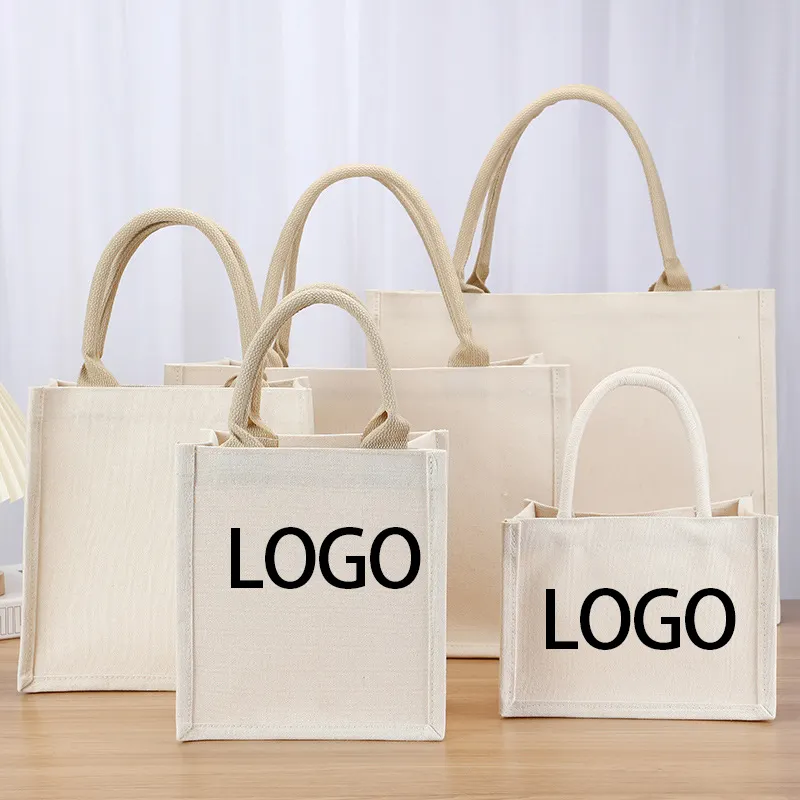 Bolsas de yute de lona reutilizables con logotipo personalizado, bolsa de compras de yute en blanco con asa de algodón para almacenamiento, promoción de regalos