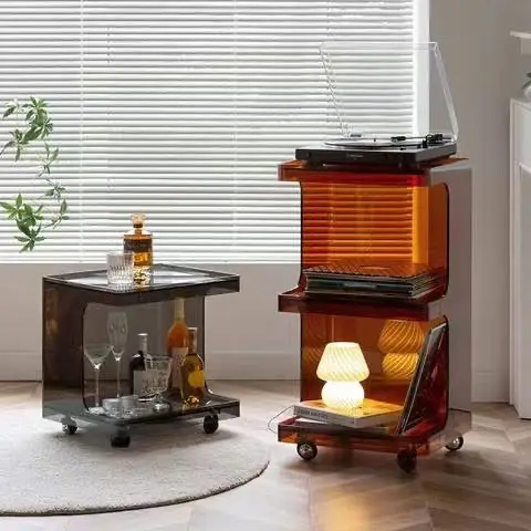 Mesa de café acrílica dobrável térmica, 2 tamanhos, acrílico, simples, tabela lateral com rodas