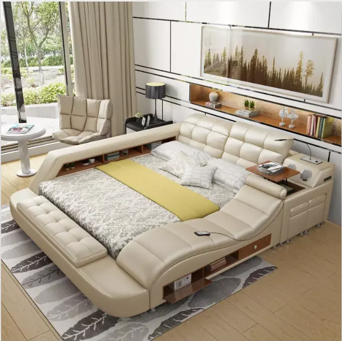Cama de couro multifuncional, cama de couro armazenamento moderno king size