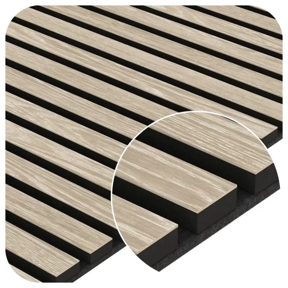 Diseño de interiores 3D decorativo Akupanel Paneles de pared insonorizados Chapa de madera de roble blanqueado MDF Listón Panel de pared de madera acústica