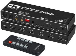 4K HDMI Matrix 4x2 4 in 2 Out HDMI 2.0b Switch Splitter Optischer und L/R Audio ausgang, Scaler EDID mit Fernbedienung