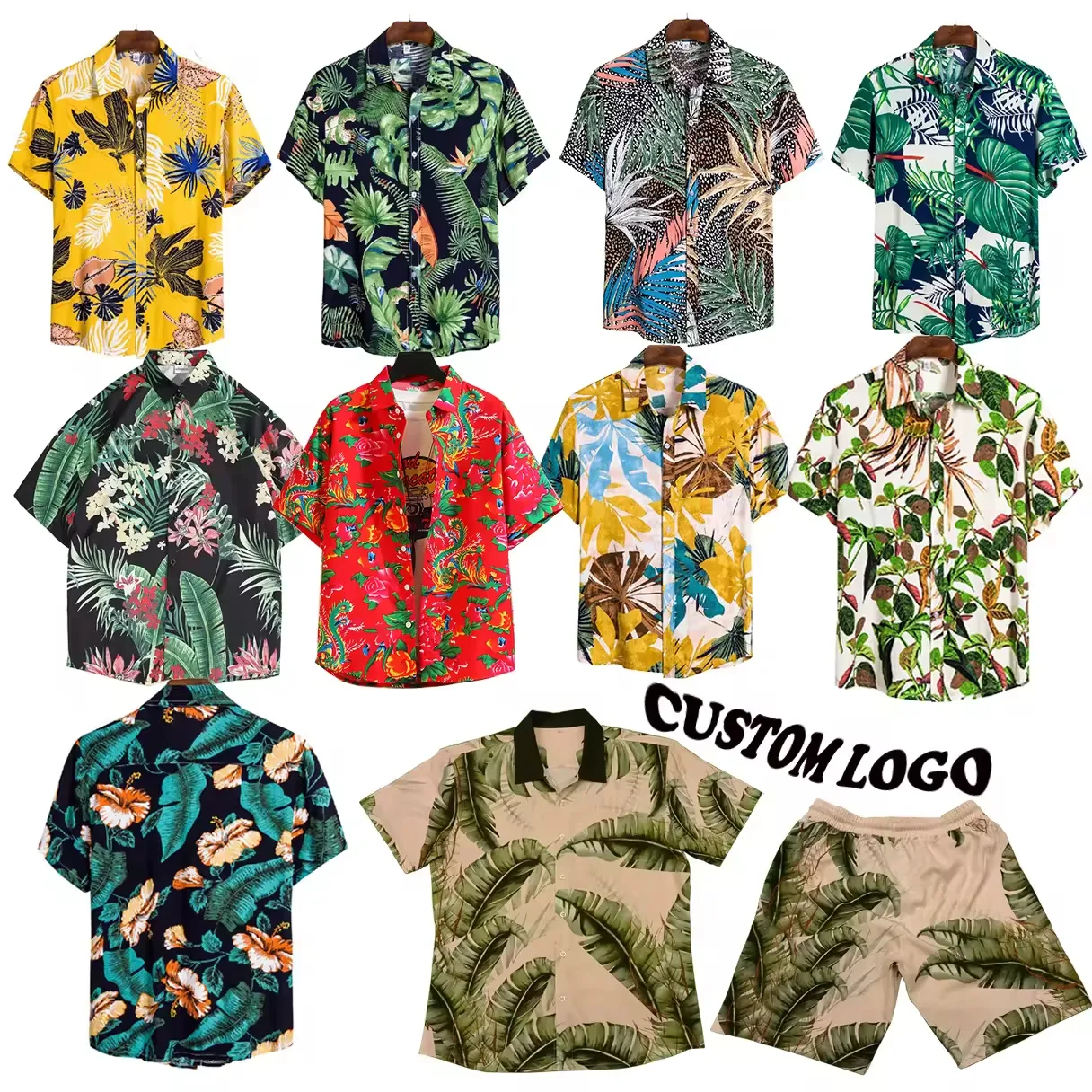 Camisa Hawaiana de hombre de manga corta con cuello abotonado de poliéster satinado de secado rápido para playa con impresión por sublimación y diseño de logotipo personalizado