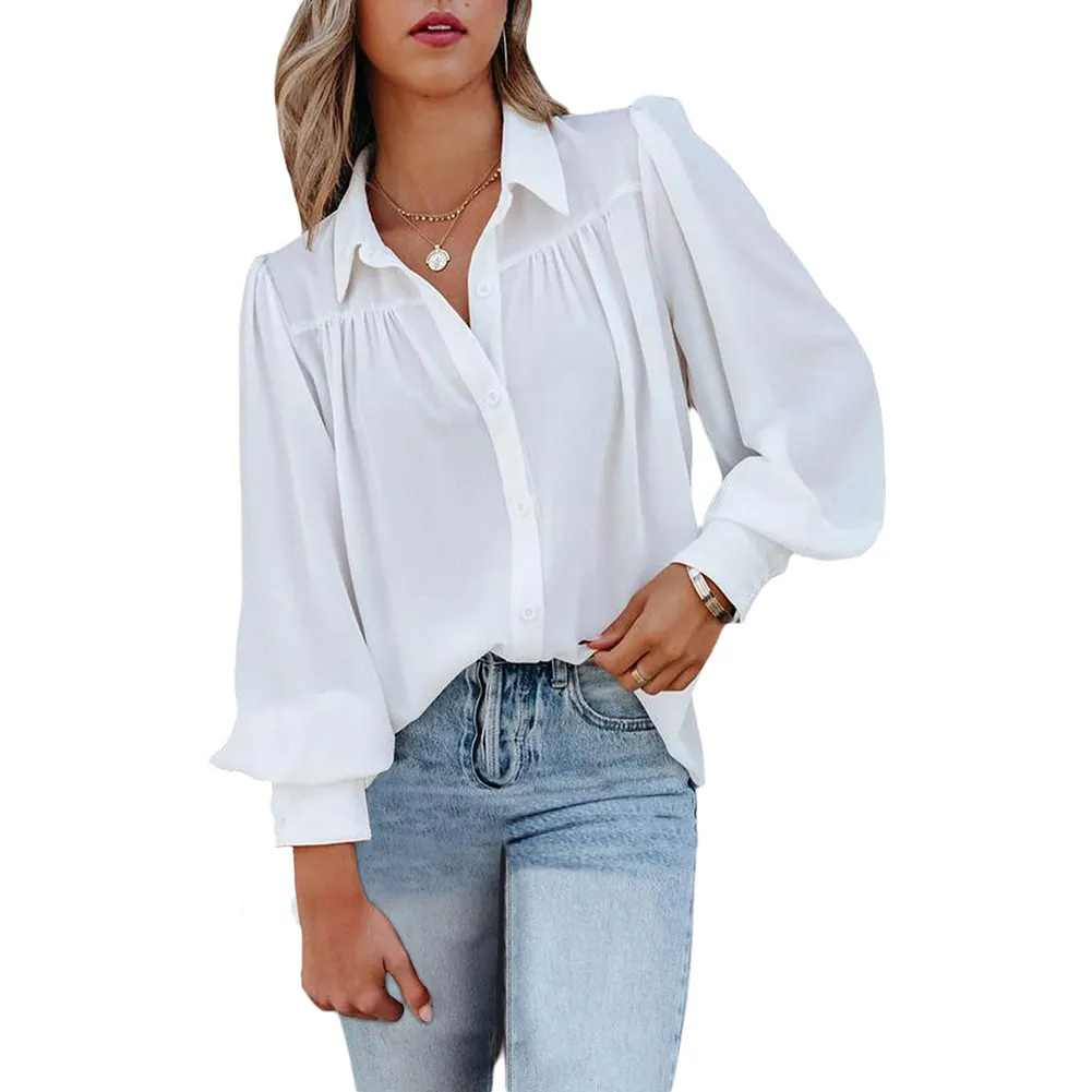 Manga acampanada de diseño de marca privada para mujer, camisa blanca Lisa inteligente con botones para oficina