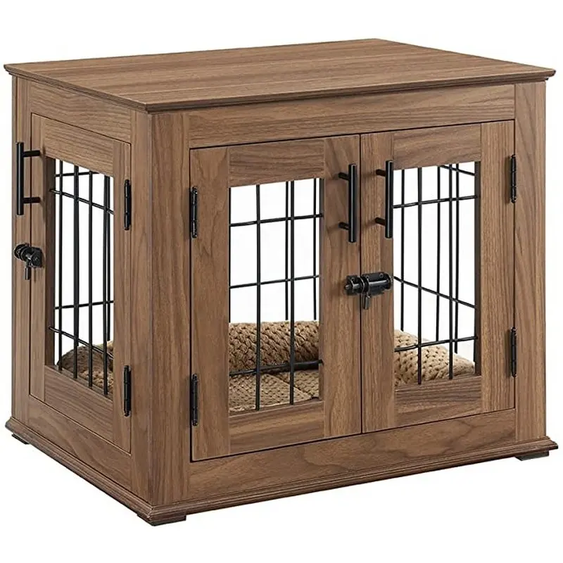 Double Doors Wooden Wire Dog Kennel with Pet Bed dog crates