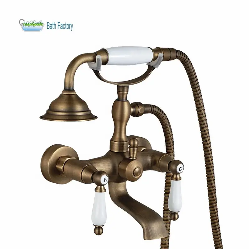 European Style Antique Bath Tub Faucet Set Wall Mount Brass Vintage Shower Mixer Tap with Ceramic Handle SF1216
