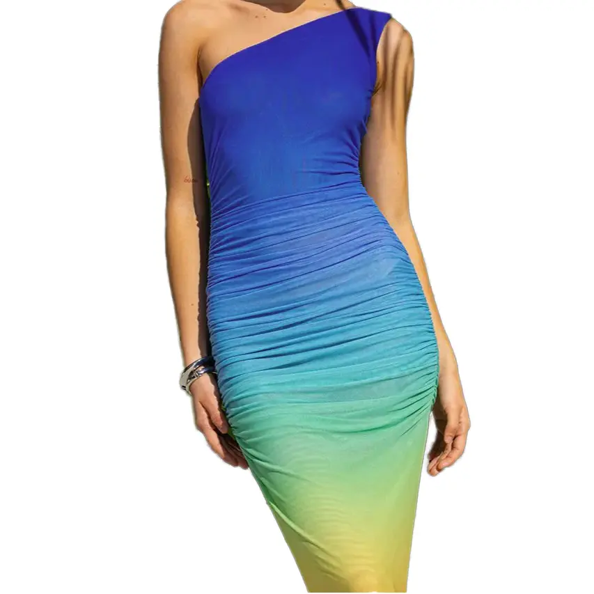 Vestido bodycon feminino de um ombro com estampa digital de alta qualidade, vestido slim e sexy gradiente, novidade casual