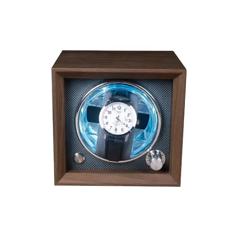 גרגר אגוז מותאם אישית יוקרה בטוח עץ יחיד אוטומטי שעון מתפתל תיבת שעון מסתובב תיבת אחסון עם אור כחול