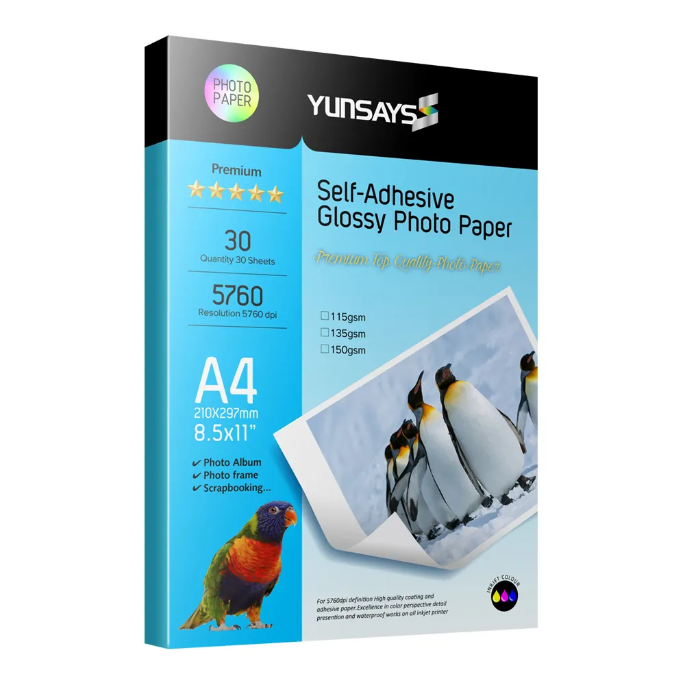 Yunsays Hoge Kwaliteit 115-260Gsm Glossy Inkjet Fotopapier A4 Zelfklevend Fotopapier