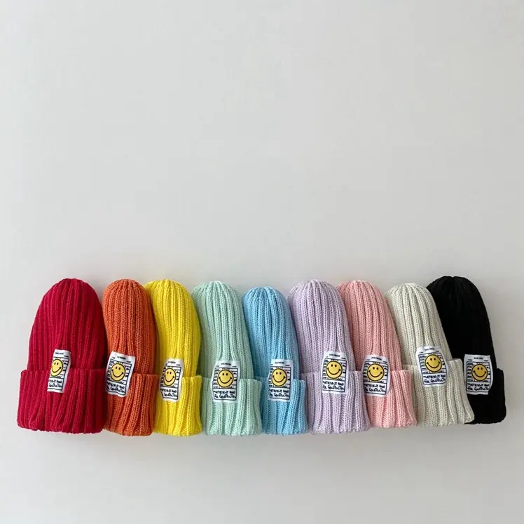 Conjunto de chapéu de malha para crianças, conjunto de chapéu de inverno malha com cores doces sorridentes, chapéus para crianças