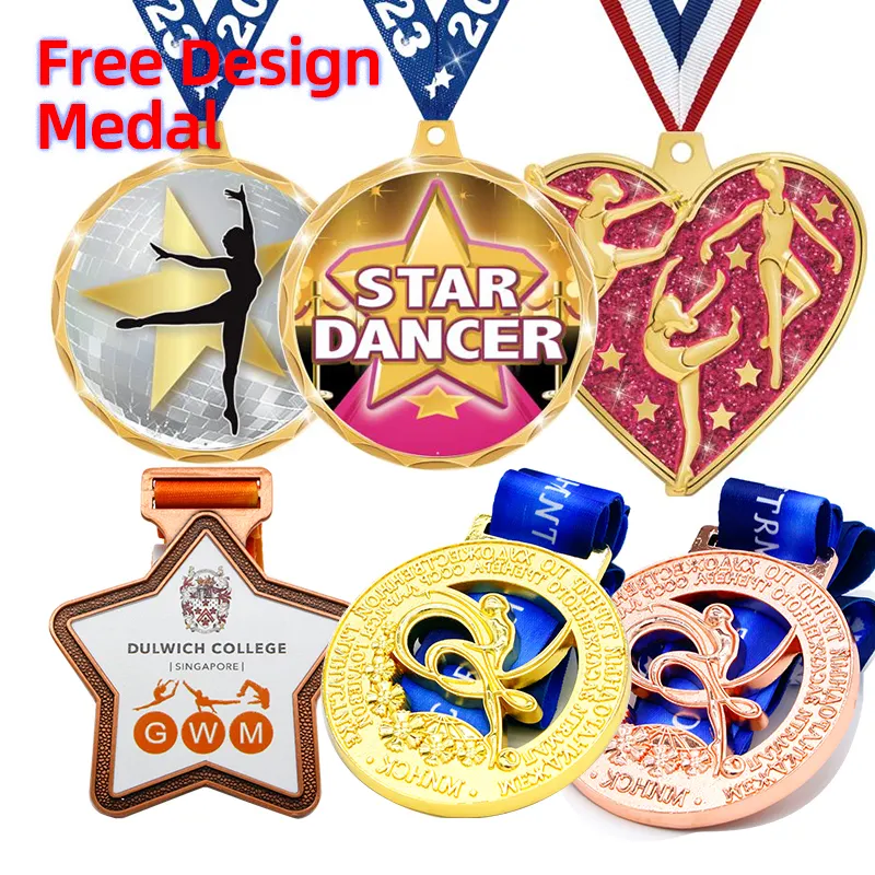 Medalla de estrella 3D de Metal de diseño libre personalizado del fabricante, medallas de animadora de baile de gimnasia