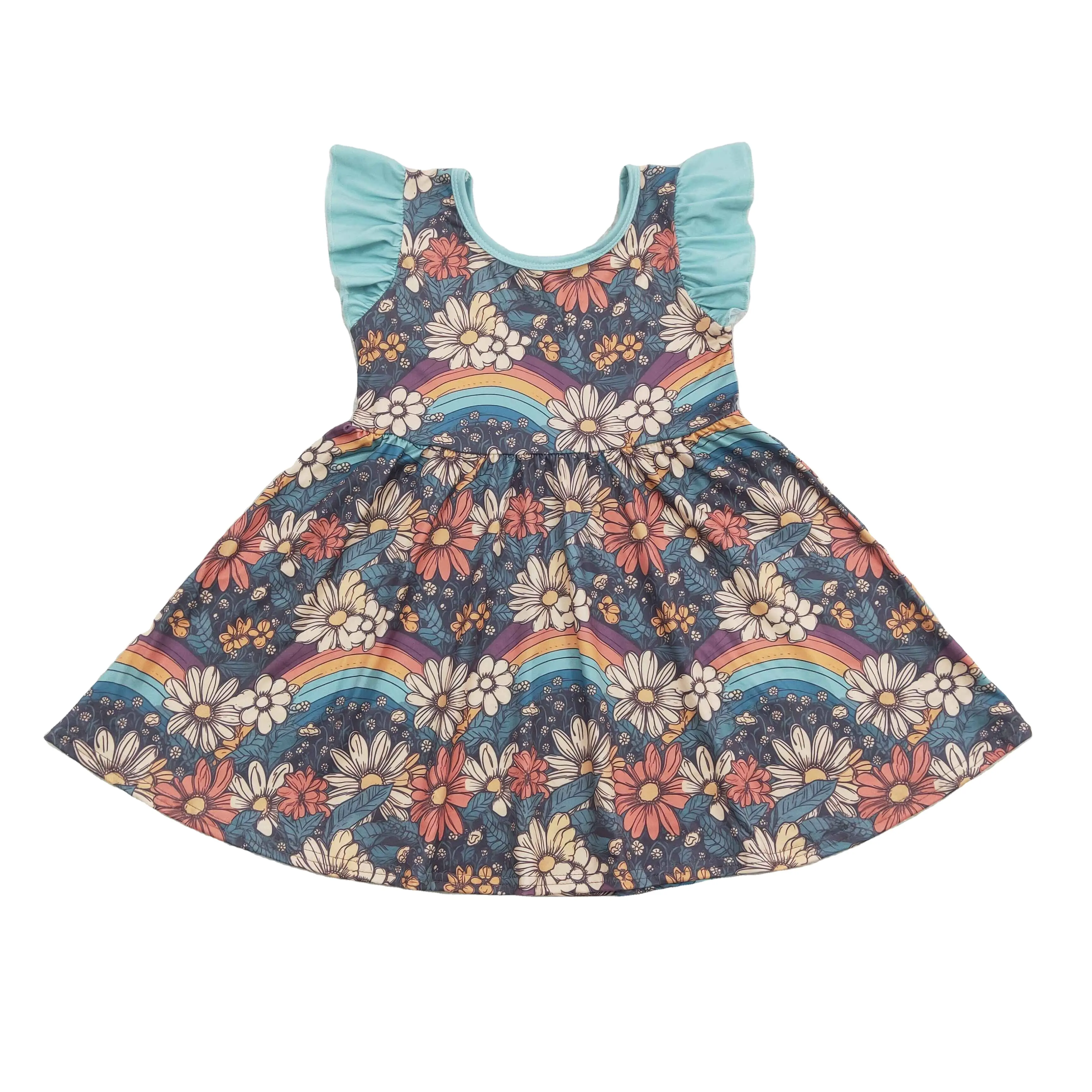 Bebé Falda corta niñas vestido flores Arco Iris impreso niños manga corta falda vestido de bebé